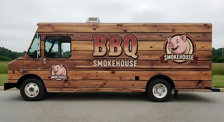A classic barbecue food truck with a rustic wood panel wrap and a cheerful pig mascot, symbolizing the mobile street food business concept