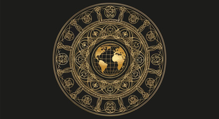 Golden world globe mandala vector design intricate geometric pattern elegant luxury decorative element art