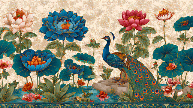 Mughal Pichwai garden illustration with lotus, flowers, and peacock for wedding invitation design Stock Illustration