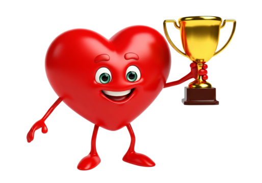 Smiling Red Heart Character with Golden Trophy: A Symbol of Love, Health, and Victory