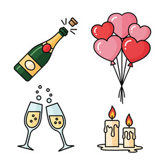 Celebration icons with champagne, heart balloons and candles isolated on white background