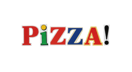 Colorful Collage Letters Spelling Pizza.