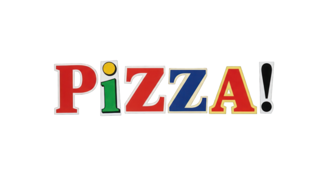 Colorful Collage Letters Spelling Pizza.