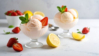 Two scoops of light pink ice cream, garnished with fresh strawberries and mint leaves, served in glass bowls