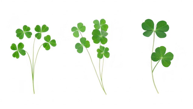 A collection of green clover leaves arranged artistically on a white background. symbolizing luck and nature. ideal for use in seasonal decorations or botanical illustrations