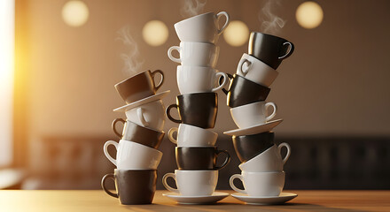 A precarious tower of stacked coffee cups, with steam rising, on a wooden surface.