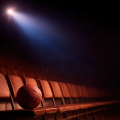 A solitary basketball rests on empty bleachers under dramatic lighting in a quiet sports arena
