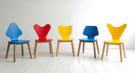 Five colorful wooden chairs with unique back designs are arranged in a row.