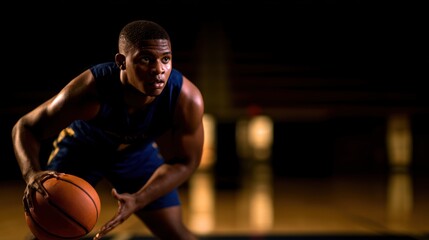 Intense basketball player poised for action in a dimly lit gym, showcasing focus and determination