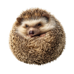 Obraz premium Adorable hedgehog curled up in a cozy ball, showcasing its spiky fur and endearing face in natural lighting setting