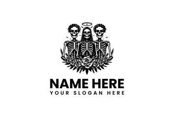 Three Skeletal Figures in Floral Wreath Design.