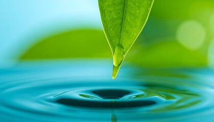 A vibrant green leaf with a water drop falling into a rippled surface