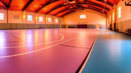 Spacious indoor sports hall with vibrant colored flooring, basketball court, and warm lighting ambiance