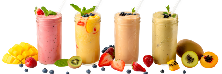 Delicious fruit smoothies in glass jars for healthy eating and vibrant lifestyle concepts, featuring fresh ingredients like mango, kiwi, berries, and mintIsolated  to Transparent  Background