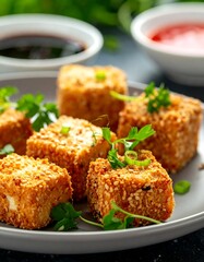 Crispy tofu cubes on a plate