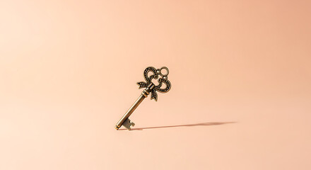 A vintage key casts a long shadow on a soft, peach-colored surface.