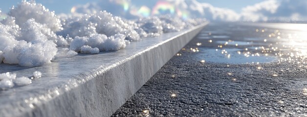 Snow and ice on a city curb reflecting sunlight during winter in an urban setting on a clear day