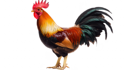 A rooster stands proudly with its colorful plumage. its striking feathers and confident posture against a clean white background. ideal for agricultural or wildlife themes