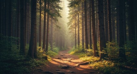 Fototapeta premium Sunlit path through a misty forest
