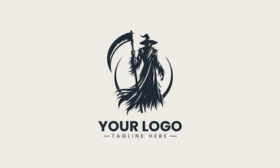 Imposing scarecrow figure holding a large scythe in a commanding black silhouette vector logo design, exuding a mysterious and powerful presence