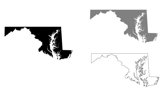 Maryland map set. Maryland USA map vector. Maryland silhouette, gray, and outline map on white background	
