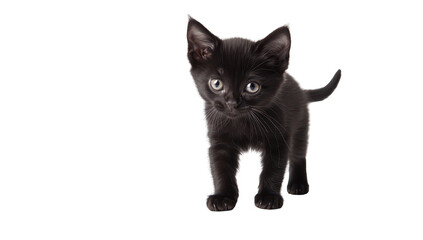 A playful black kitten exploring its surroundings on a clean white background. its curious nature and personality. perfect for pet-related content