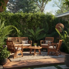 Obraz premium Outdoor Garden Patio with Wooden Furniture and Green Plants