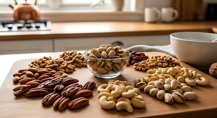 Assortment of various nuts arranged on a wooden cutting board, ready for consumption.