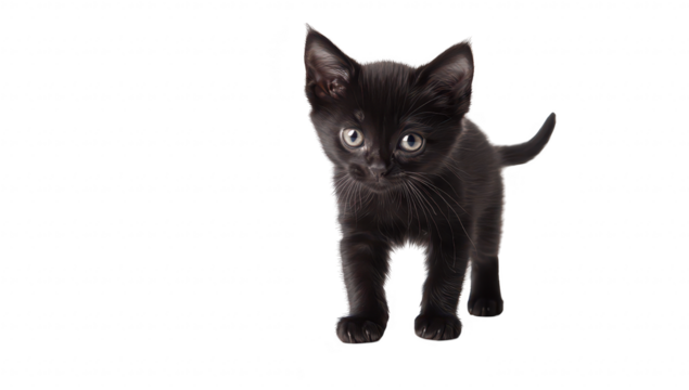 A playful black kitten exploring its surroundings on a clean white background. its curious nature and personality. perfect for pet-related content
