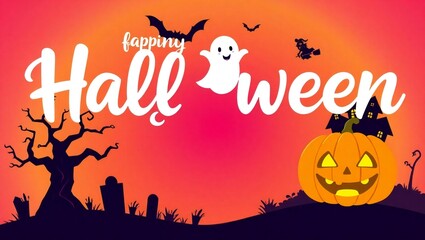 Spooky halloween celebration with a friendly ghost jack-o-lantern and bats flying