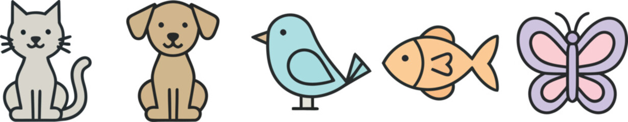 Adorable Cartoon Animals Cat, Dog, Bird, Fish, Butterfly