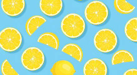 Pattern of lemon halves and whole lemons scattered on a light blue background.