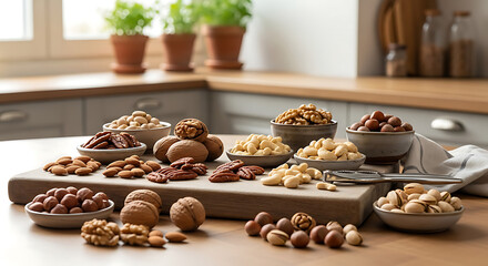An assortment of various nuts displayed in small bowls and piles on a wooden cutting board, set on a kitchen counter.