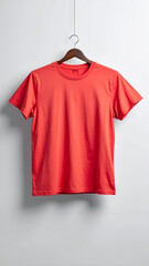 Realistic Unisex Light Red T Shirt Mockup Flat Hanging on Neutral Background