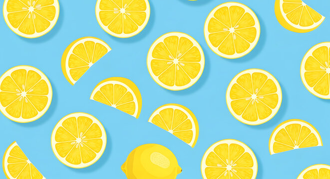 Pattern of lemon halves and whole lemons scattered on a light blue background.