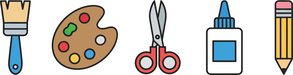 A colorful and modern flat design vector icon collection representing essential art and craft supplies for various creative projects, education, and hobbies