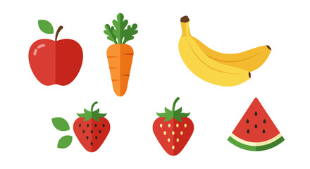 A colorful and vibrant collection of fresh, healthy fruits and vegetables, presented in a modern flat design style, perfect for illustrating nutrition, dietary guidelines, and natural food concepts
