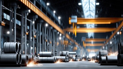 Workers are engaged in metalwork inside a large industrial facility, showcasing sparks and machinery in action during business hours