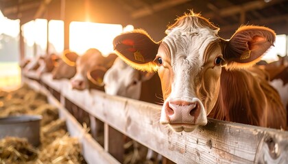 Cows in a barn at sunrise