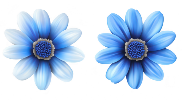Two blue flowers with delicate petals and intricate centers. set against a clean white background. ideal for use in botanical illustrations or nature-themed designs