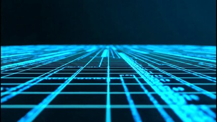 A low-angle perspective of a glowing blue digital grid stretching into a dark, futuristic horizon. - Powered by Adobe