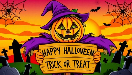 Fototapeta premium Scary jack-o'-lantern character in witch hat holds halloween sign with spooky graveyard