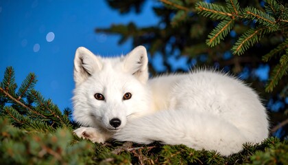 Resting White Fox on Evergreen Tree with Blue Sky