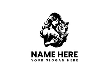 Woman and Tiger Reading a Book Together in Black and White Silhouette.