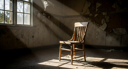 A wooden chair sits alone in a derelict room, sunlight streaming through a window, highlighting peeling paint.