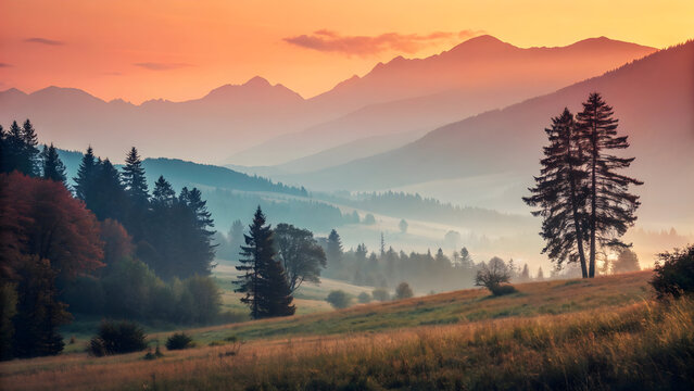 Misty Mountain Range at Sunrise with Silhouetted Trees and Rolling Hills mountains landscape Full HD 4K Video Download 2025 2026