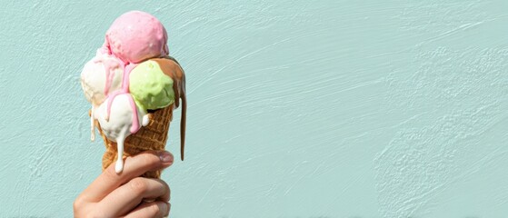 The vibrant ice cream cone with multiple colorful scoops in hand.
