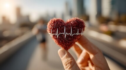 Heart-shaped object held in hand with heartbeat line, symbolizing health and fitness, against blurred urban background, promoting wellness and active lifestyle