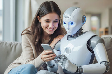 Woman and AI humanoid robot using phone work together and collaborate, in AI agent assistant technology partnership help job and work with AI