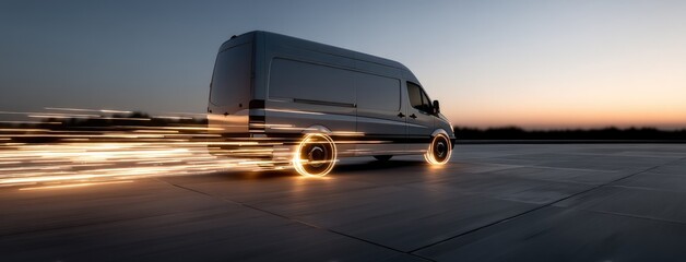 Fast delivery van moving on an empty road at dusk with light trails from its spinning wheels creating a dynamic effect